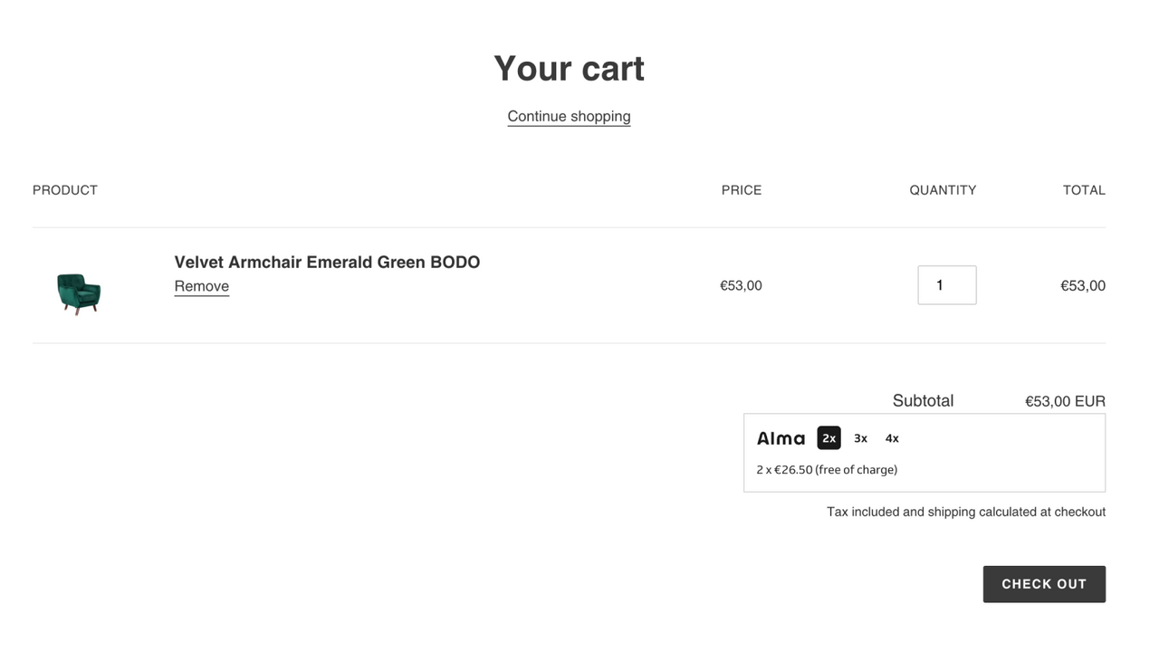 Alma widget in cart page