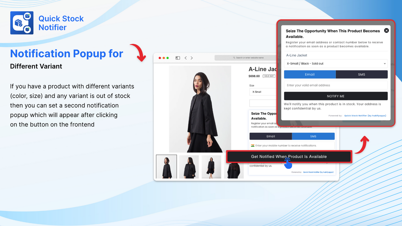 Notification pop-up on front-end for variant product