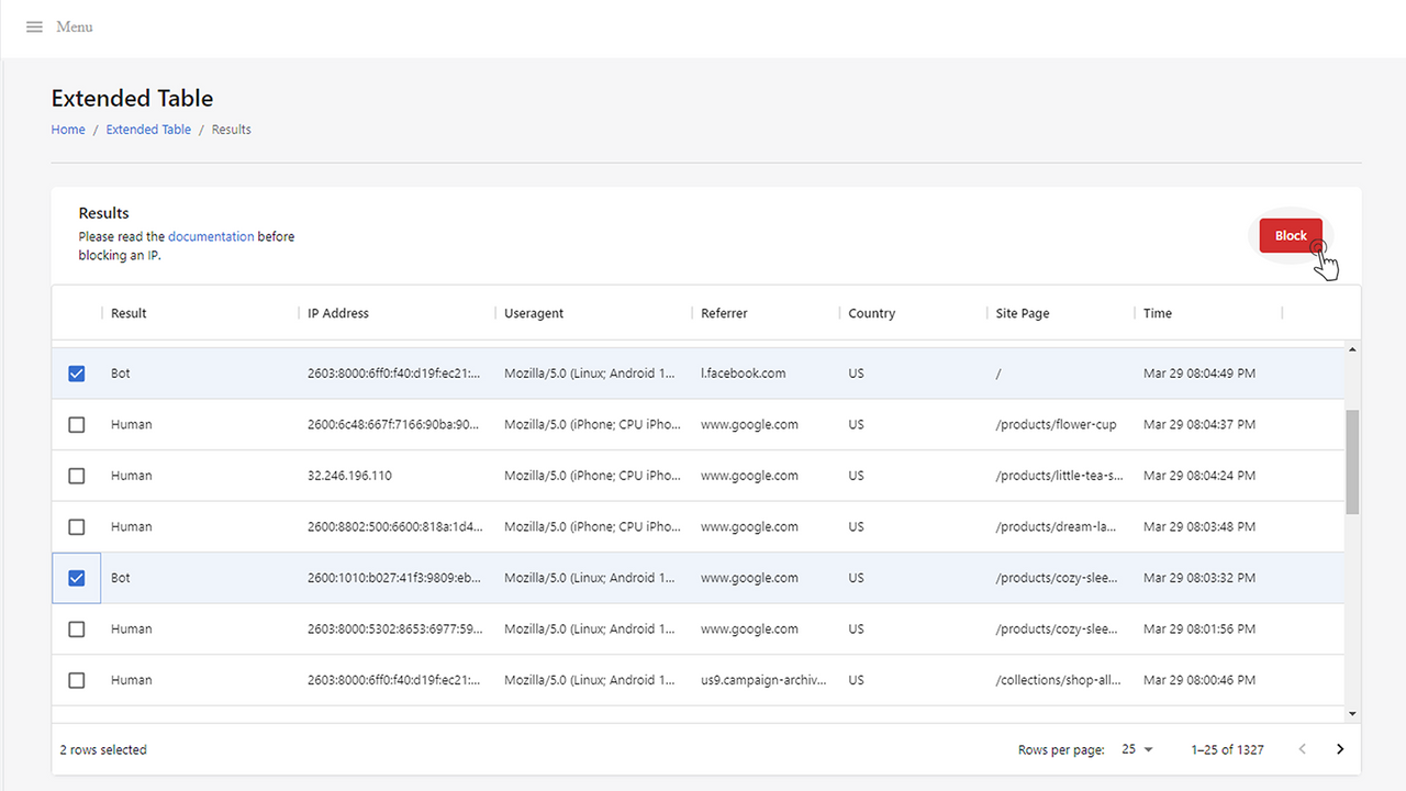 Negate Bot Protection Analytics Table IP Blocker