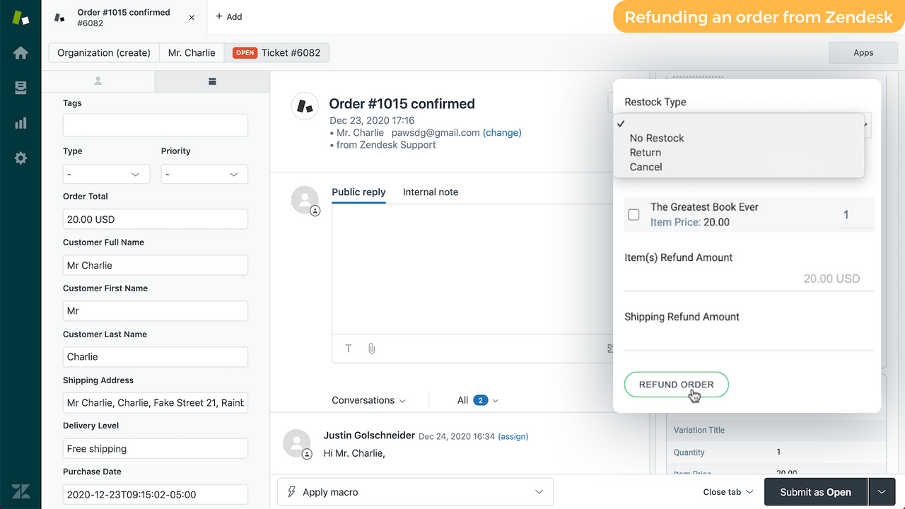 Refunding a Shopify order from Zendesk using ChannelReply