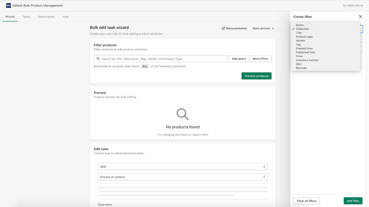 Filter option to select products for bulk edit