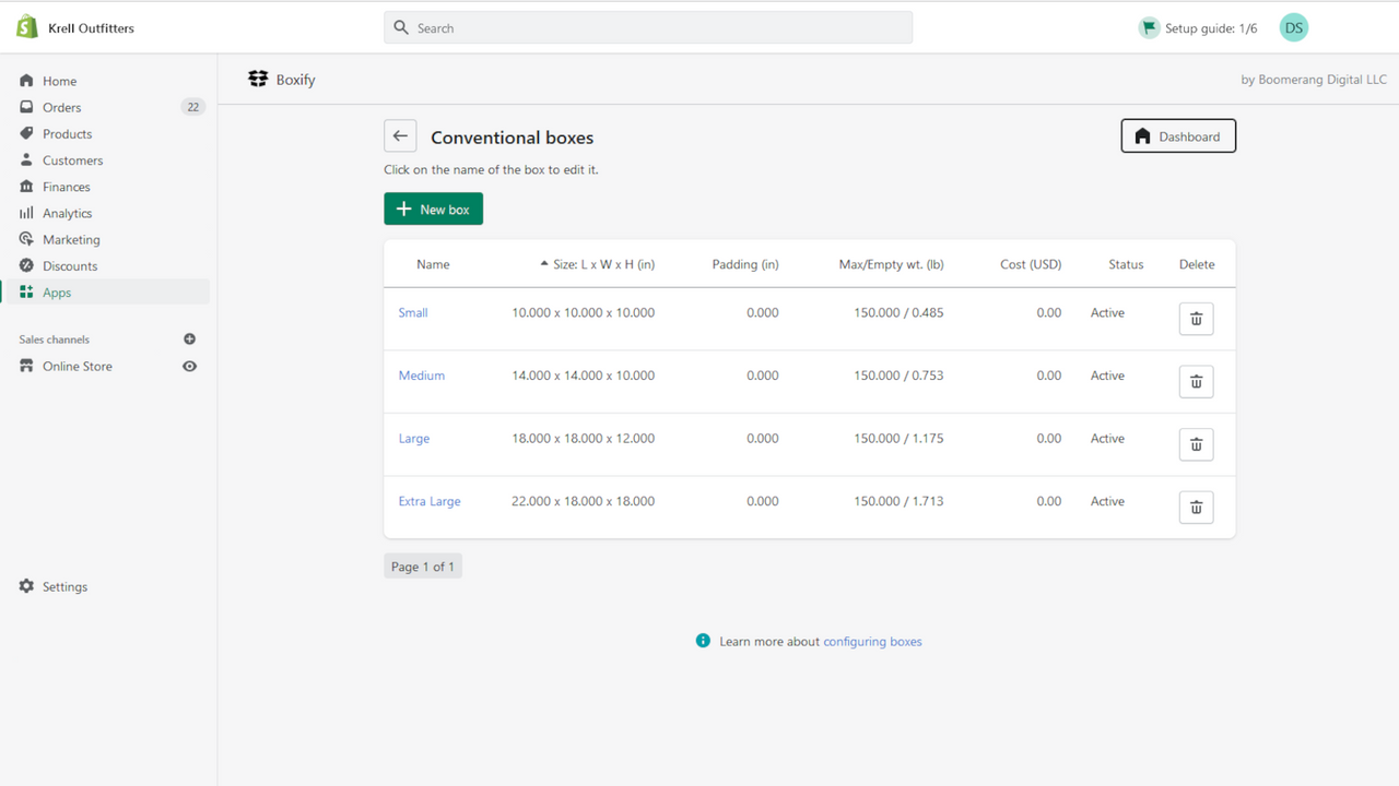 Boxes page