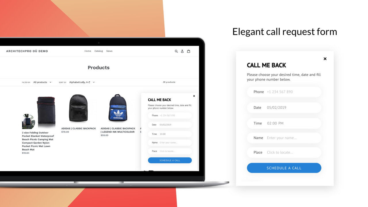 Schedule a call – phone number, name, date and time fields