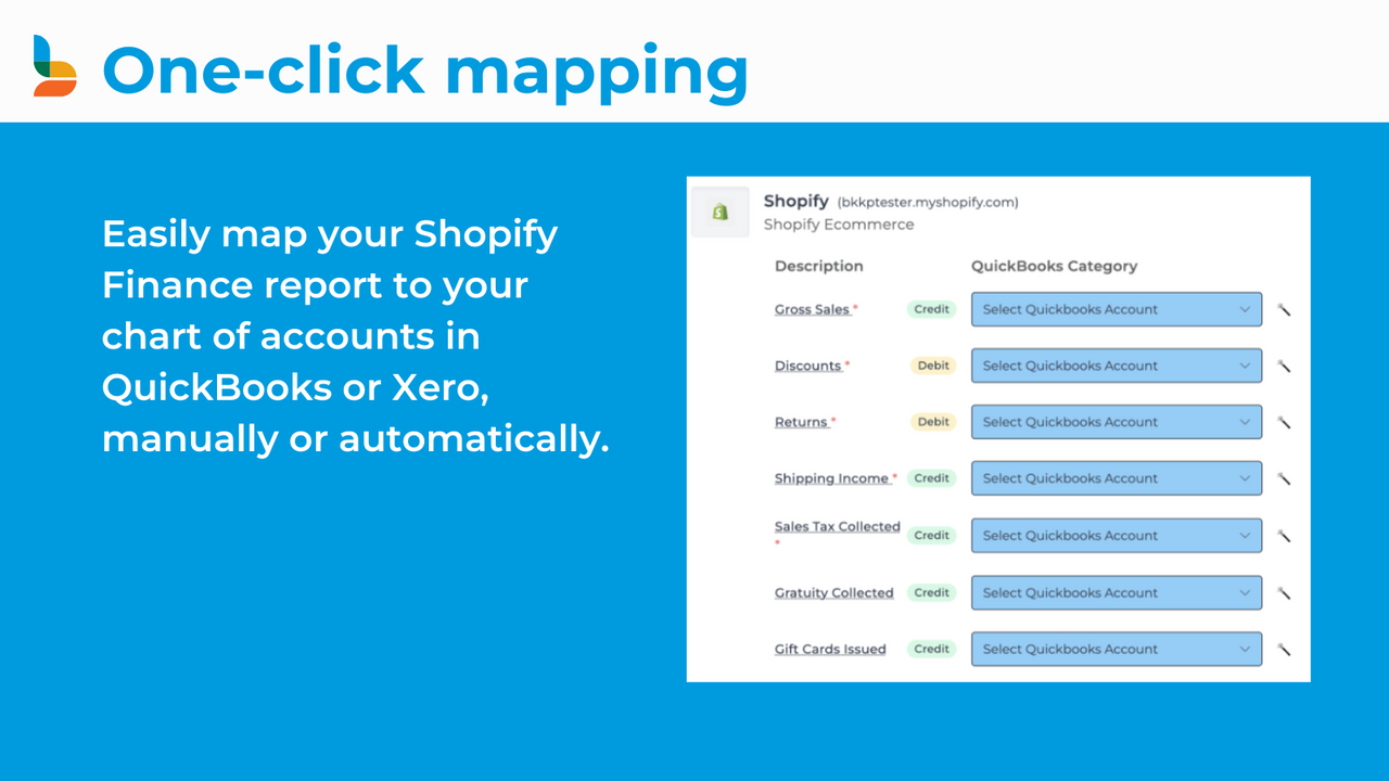 Map to your chart of accounts right inside Shopify.