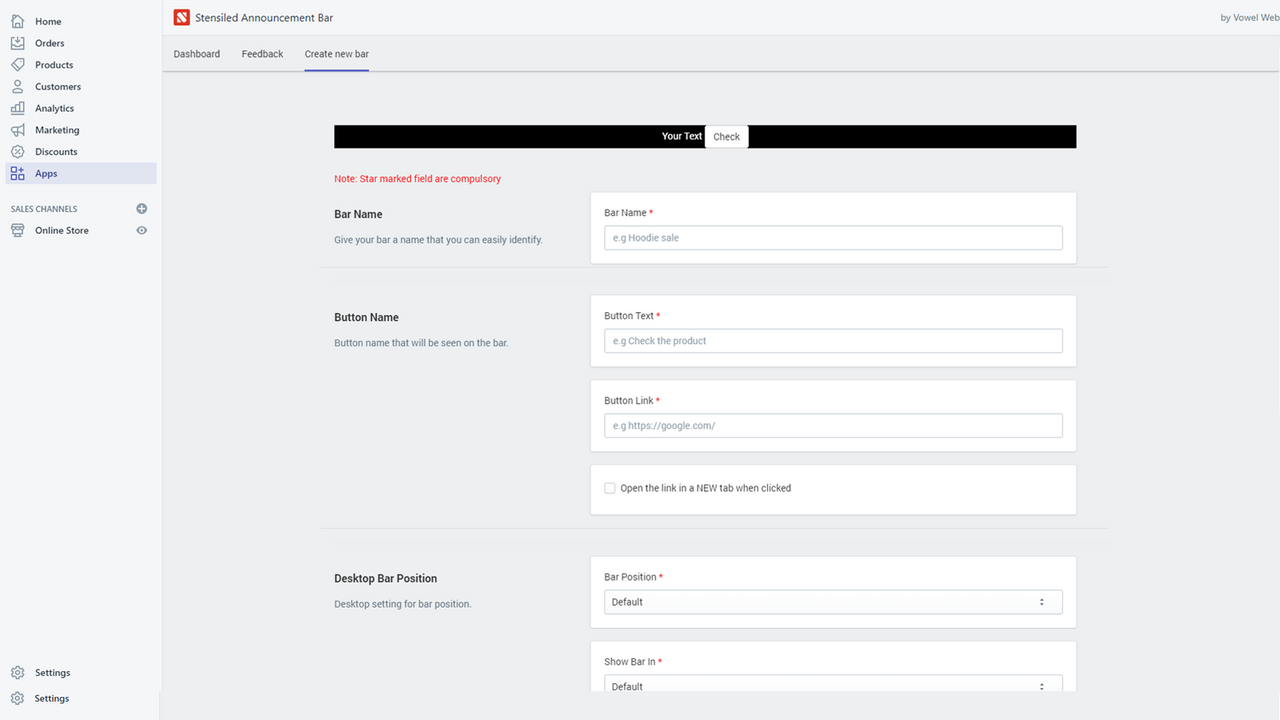 Announcement Bar App Create Form