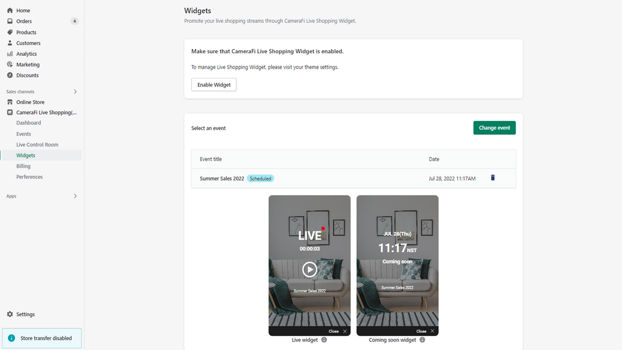 CameraFi Live Shopping Widgets page