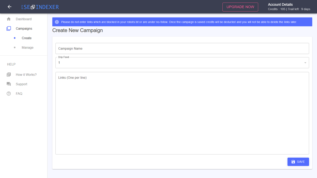 Pro SEO Indexer - Create Campaign