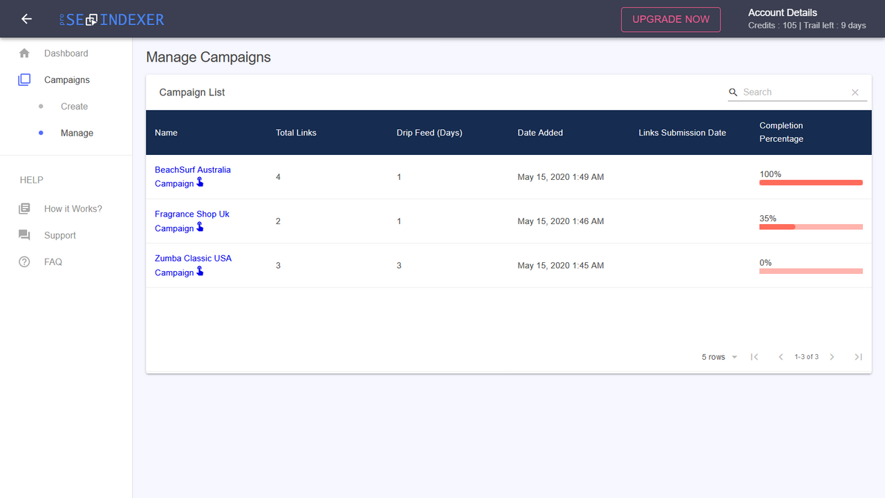 Pro SEO Indexer - Manage Campaign