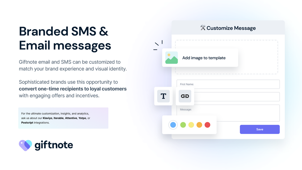 Branded SMS and Email gift messages captured onsite