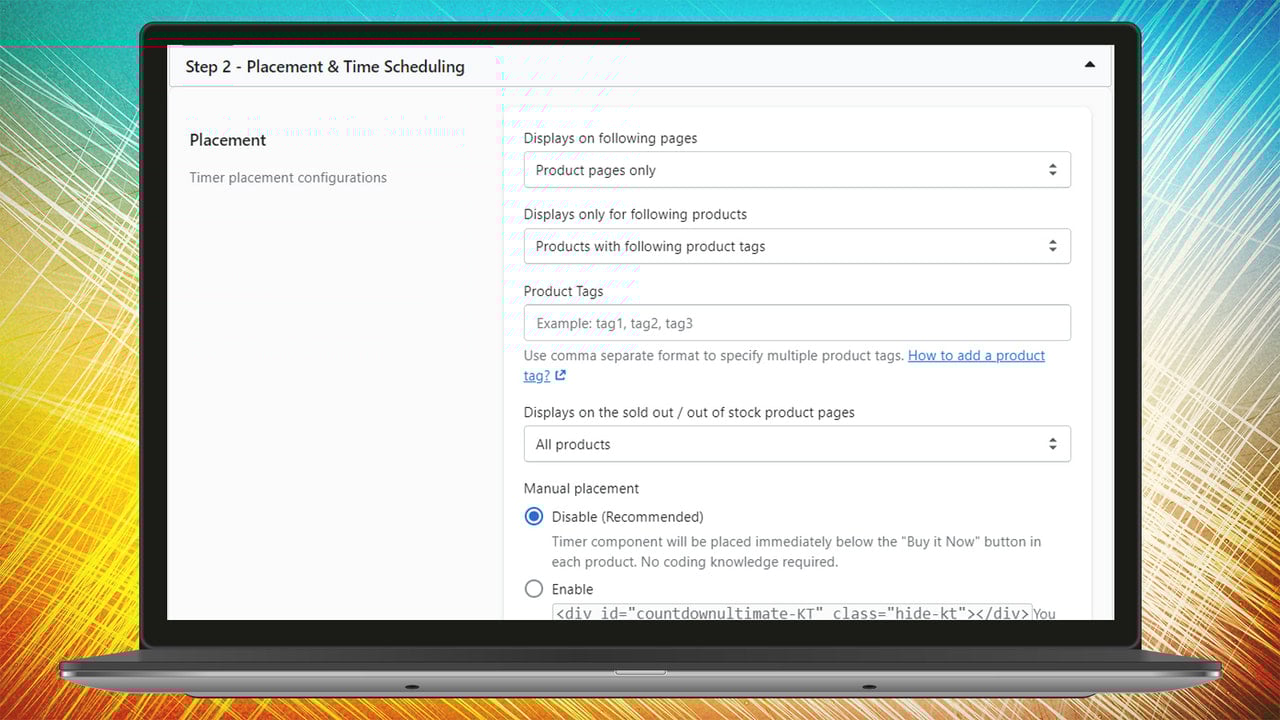 Product timer placement settings Countdown Timer Ultimate