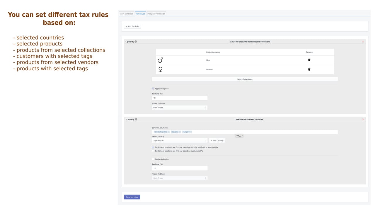 tax rules for countries, collections, products, customers, etc..