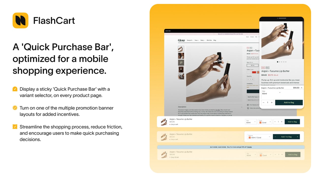 Sticky CTA bar: product thumbnail, variants, price, quantities.