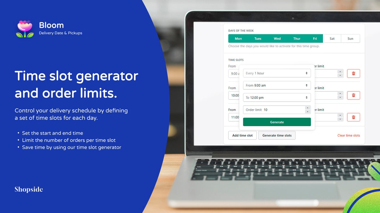 Time slot generator and order limits. Timeslot generator screen