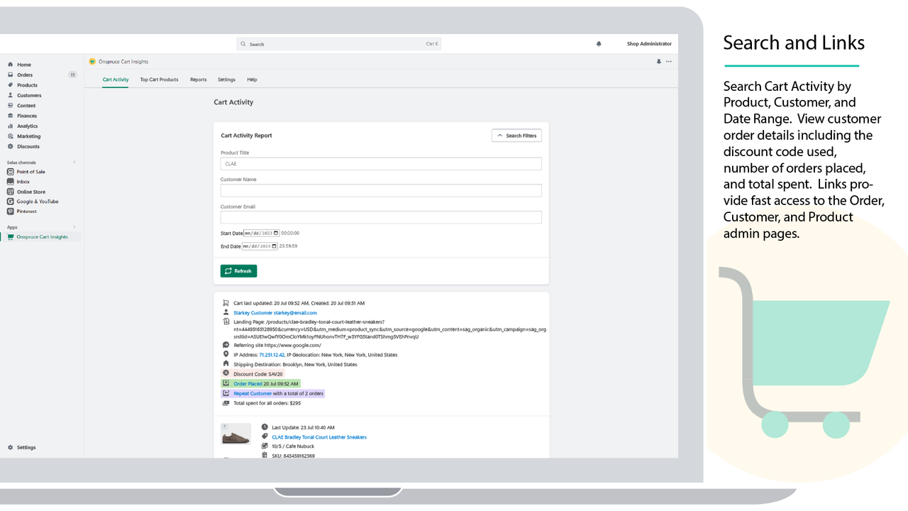 View customer discount code used, repeat orders, total spent.