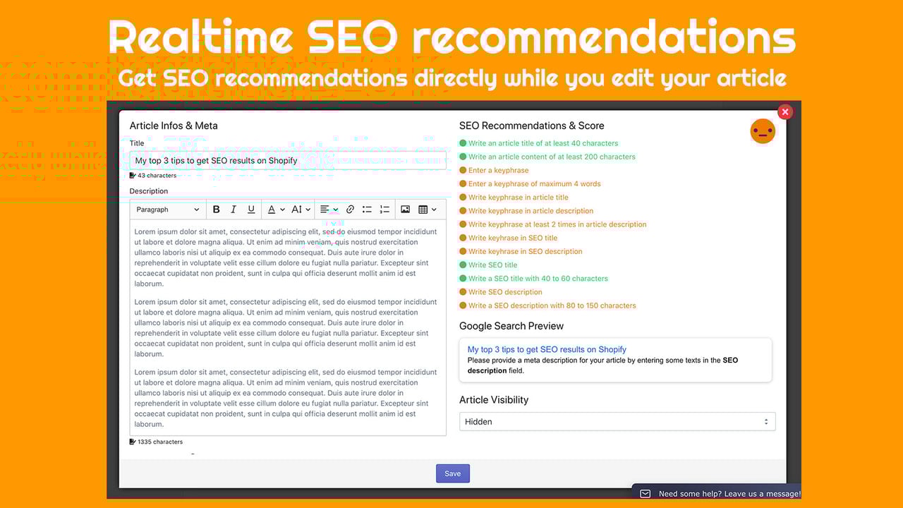 Get realtime SEO recommendations while you edit your article