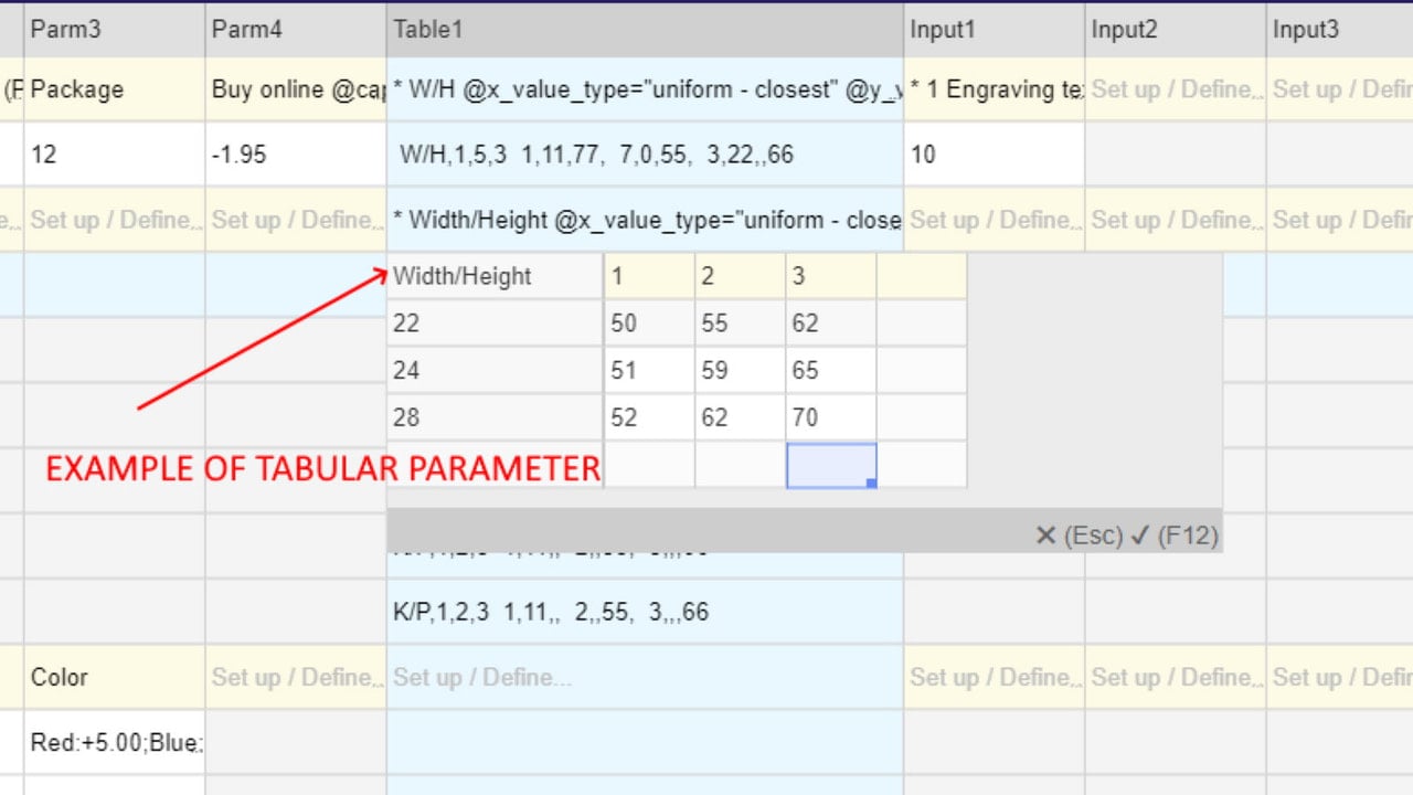 Parameter with price table source