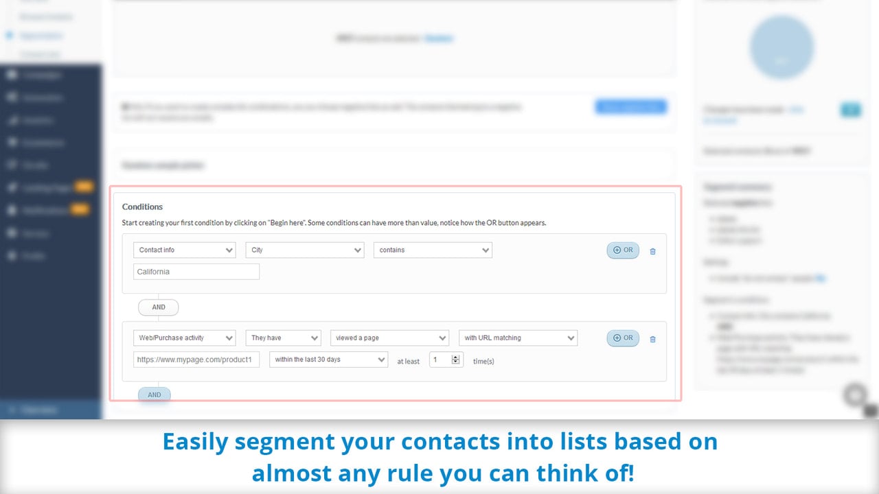 Easily segment contacts by web, ecommerce & campaign data