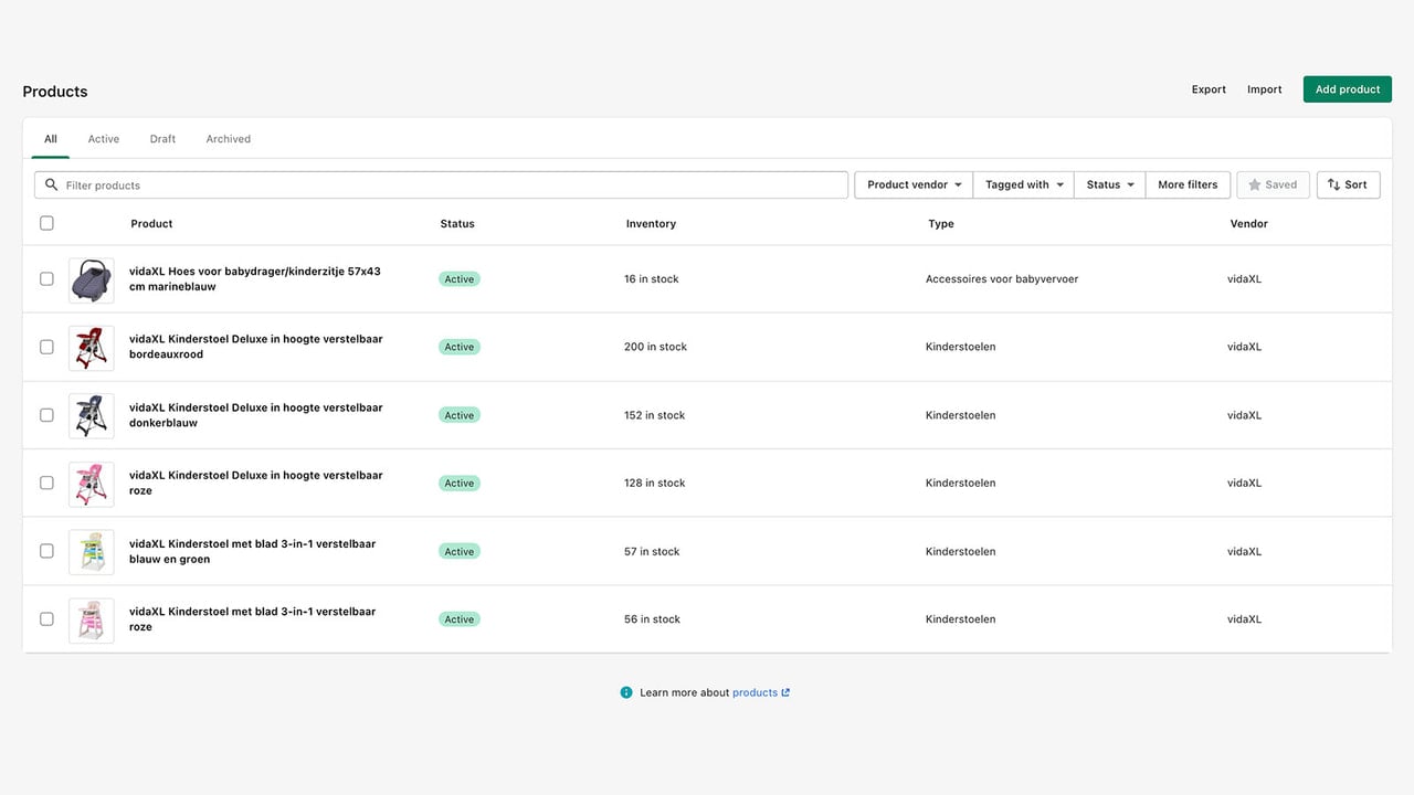 Imported vidaXL dropshipping products in a Shopify webshop