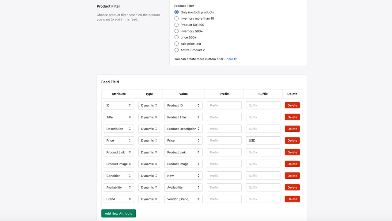 Google Shopping Feed with Filter