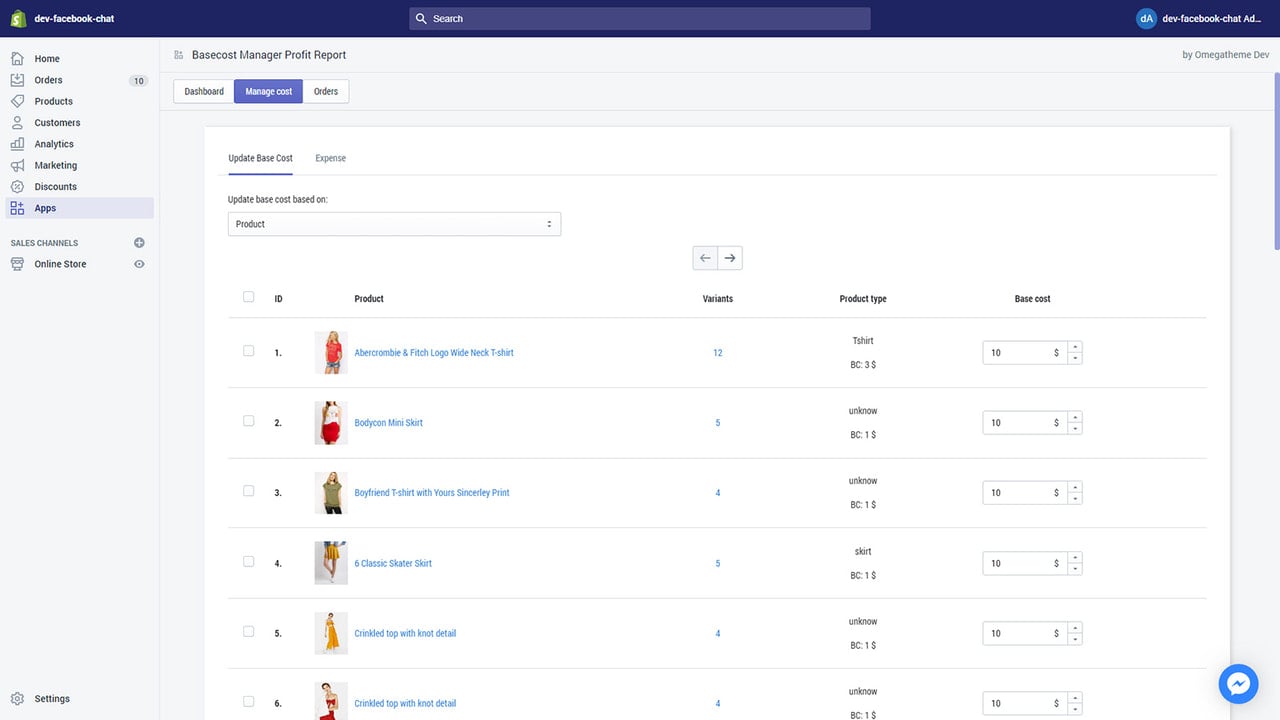 Basecost manager profit report