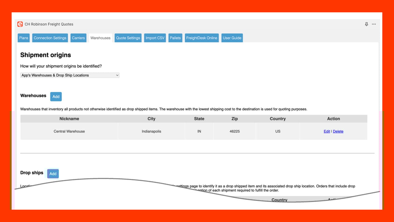 CH Robinson - FreightQuote for Shopify warehouse settings