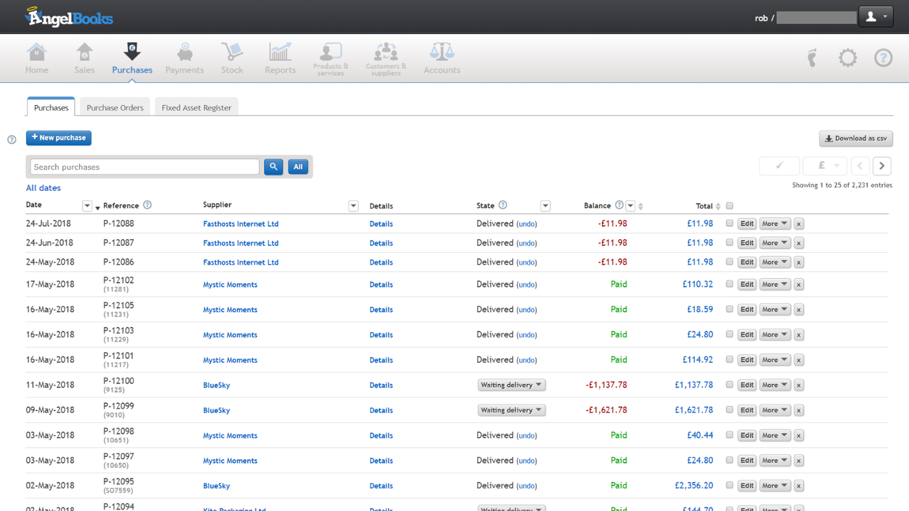 Purchases page