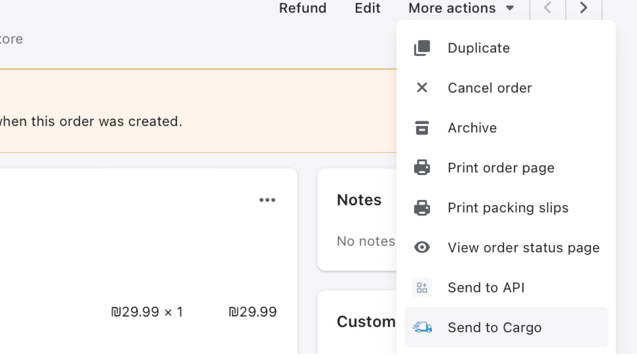 Send the order from Shopify page to the app