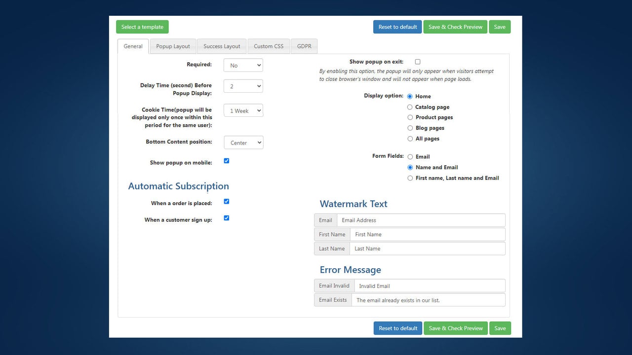 AWeber popup settings
