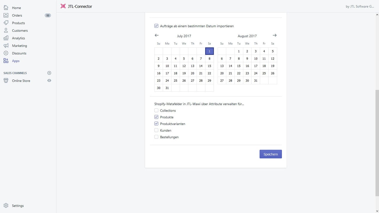 Einrichtung von JTL-Connector: Zeitraum für Datenimport