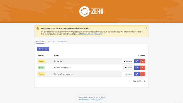 Zero ‑ Free Shipping Bar