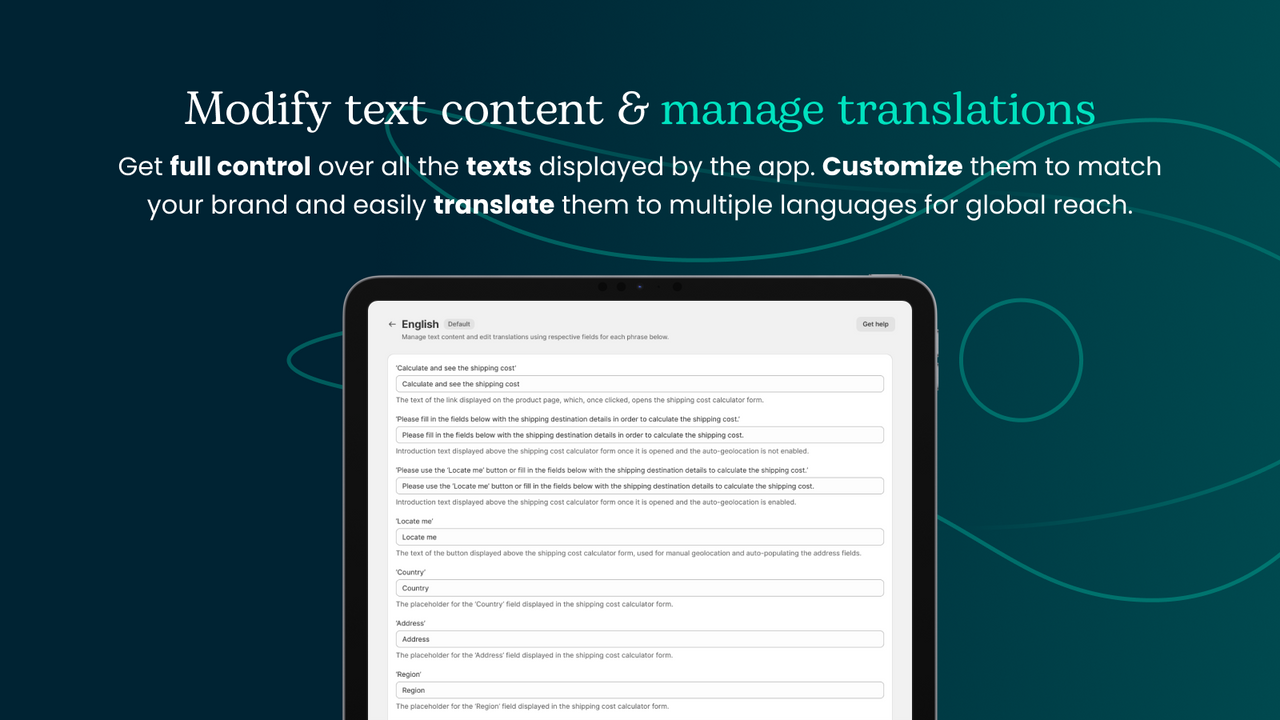 Shipping rates calculator text editing and translations