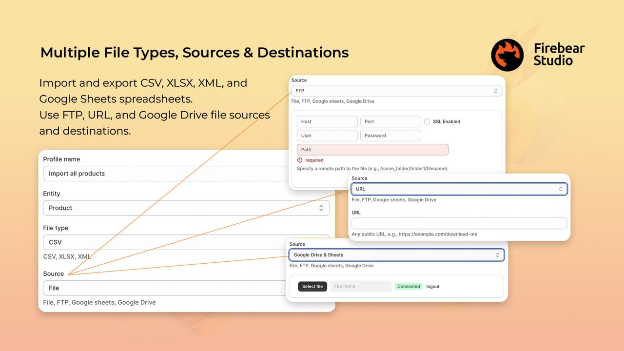 Import and export CSV, XLSX, XML, and Google Sheets, FTP, URL