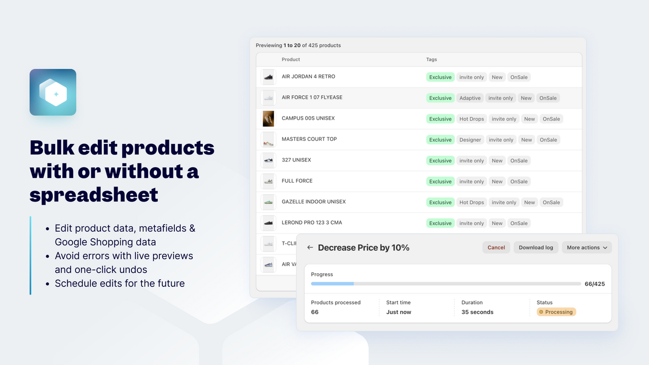 Shopify bulk editor for products in-app or with a spreadsheet