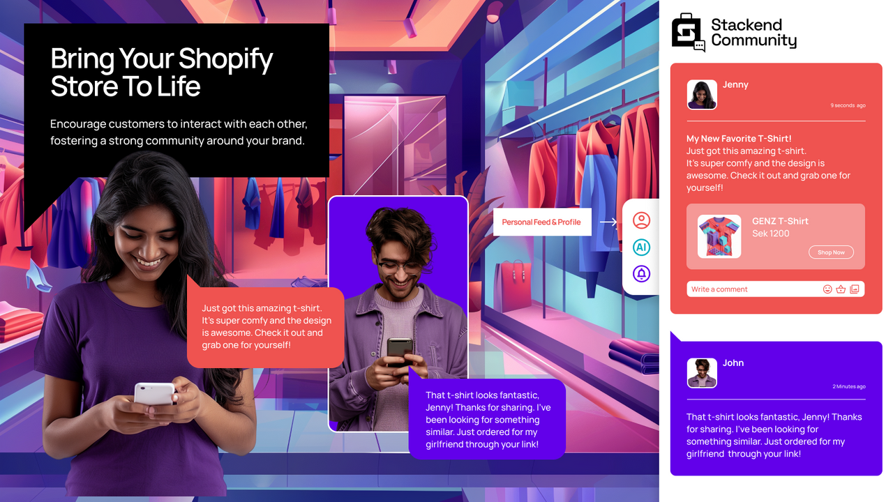 Shopify community interaction UI with product feeds.