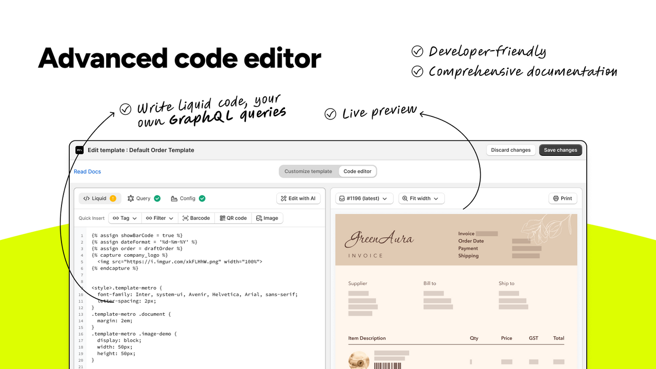 Advanced invoice code editor, Schema, Liquid, Graphql