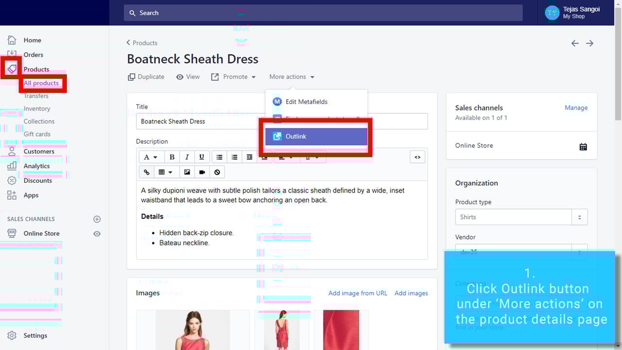 Click Outlink button on product page