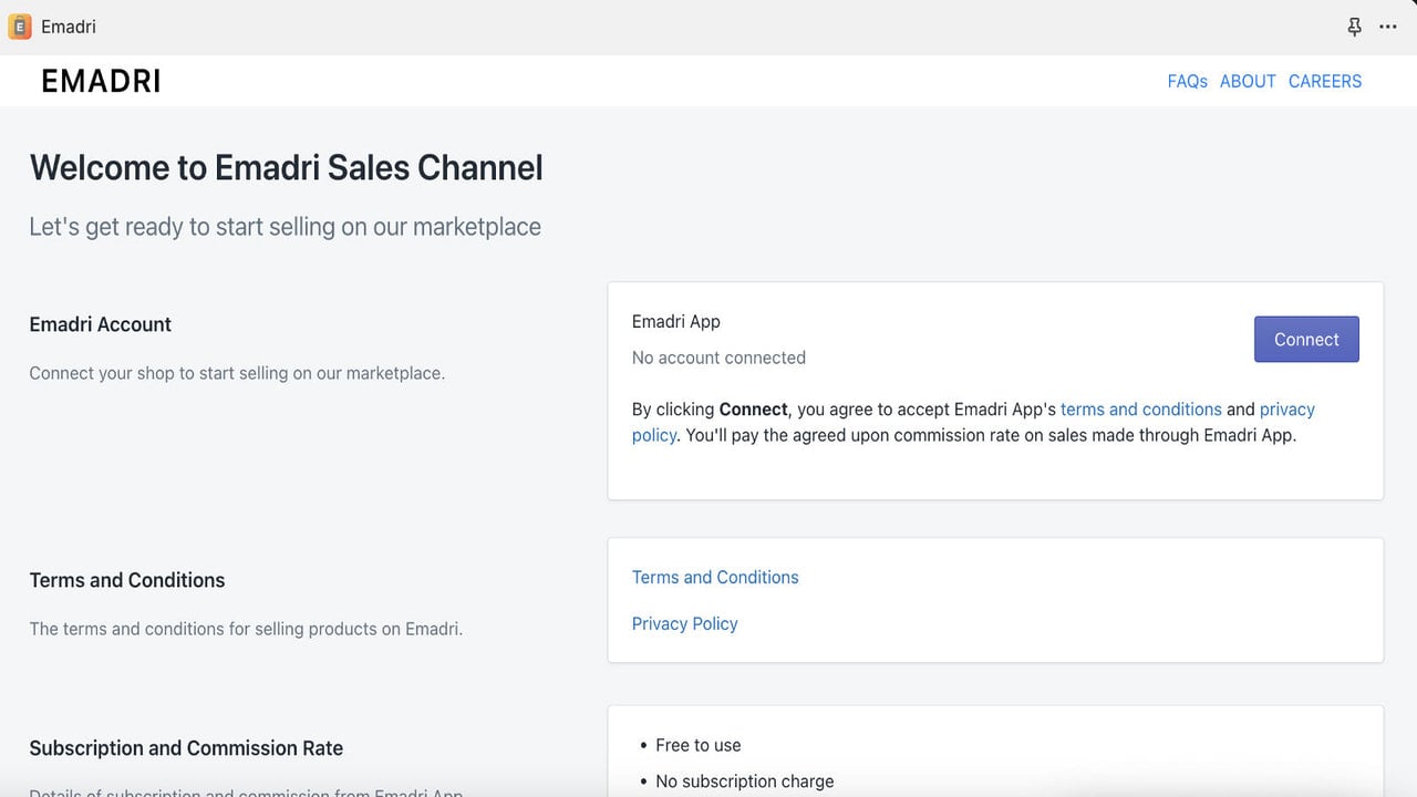 Emadri sales channel app with account connection settings
